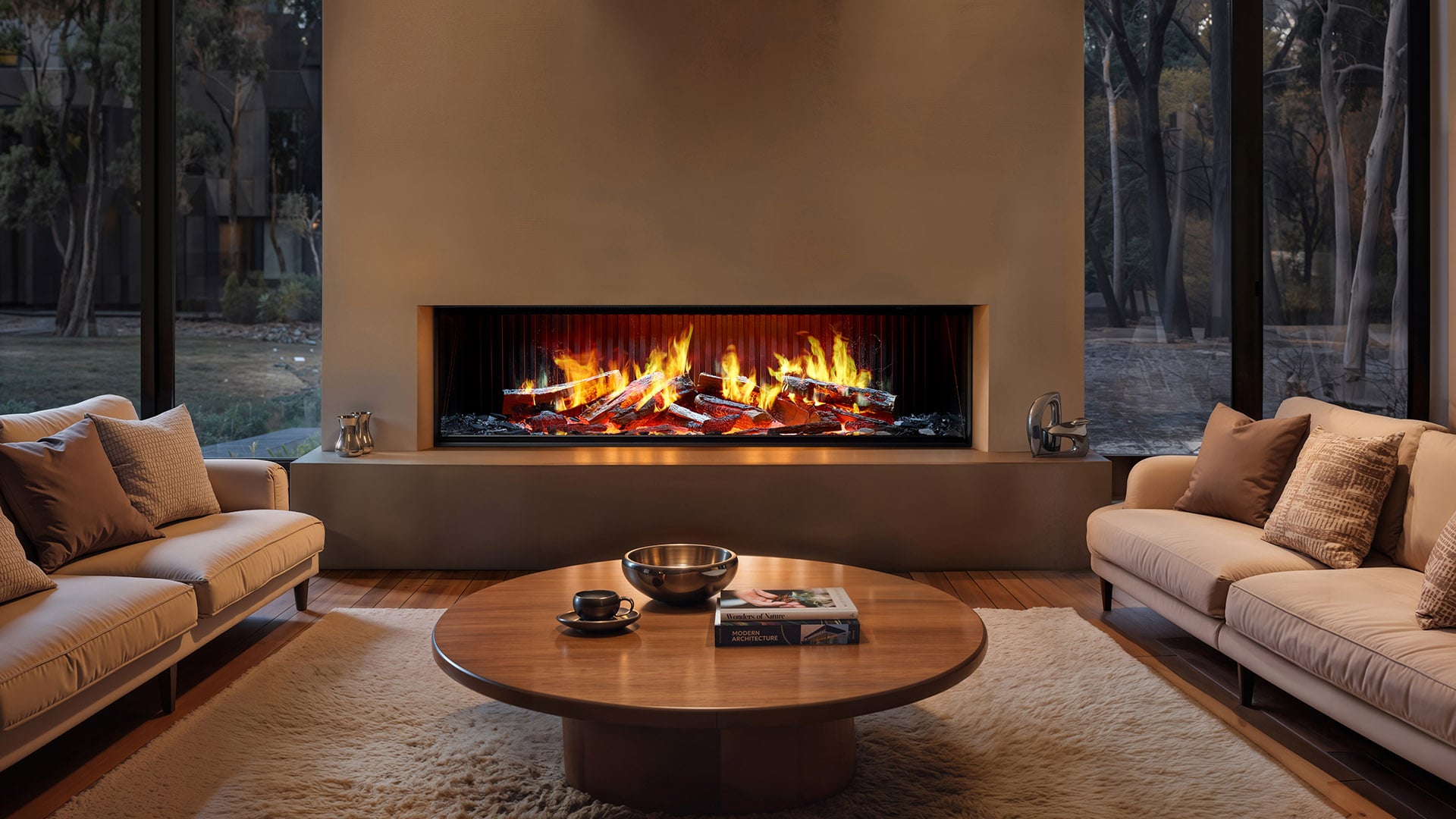 Rinnai EL Series fireplace burning in a living room at dusk