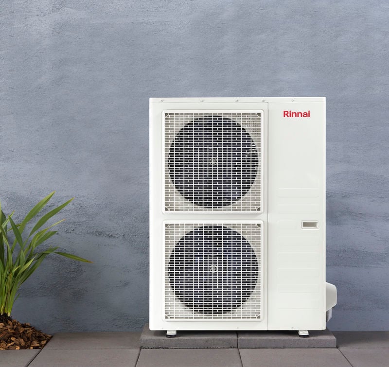 Rinnai Inverter Ducted Split Air-Conditioners Reverse Cycle RC Outdoor Grey Concrete Rendered Wall Unit Insitu Front-small