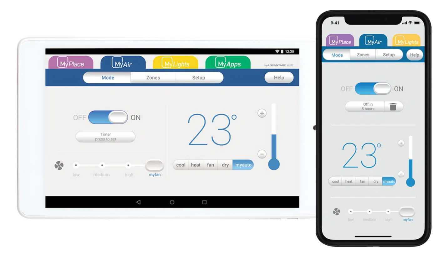 MyAir app on a phone and tablet showing room temperatures