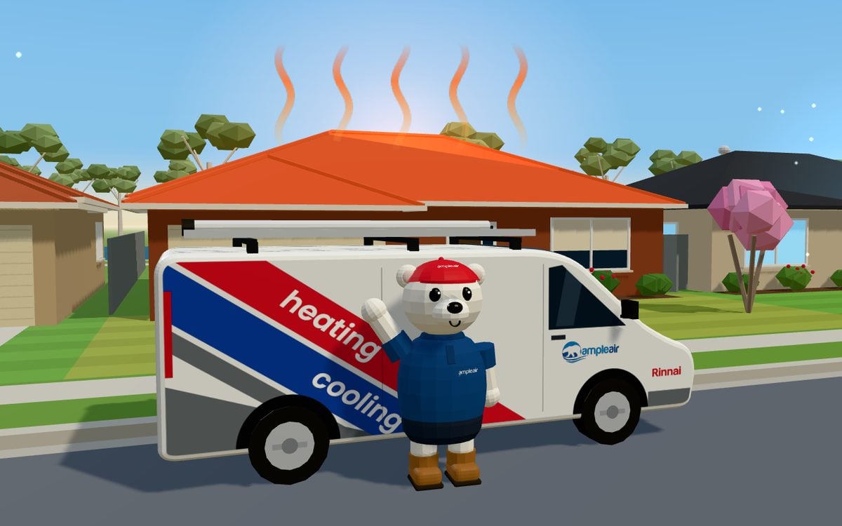 Beat the Heat, the Ample Air game: the Ample bear waving beside the Ample Air van on a hot Penrith street