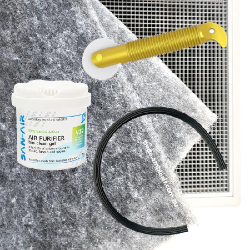 Large ducted air conditioner filter kit with media, spline rubber, roller tool and SAN-AIR sanitiser