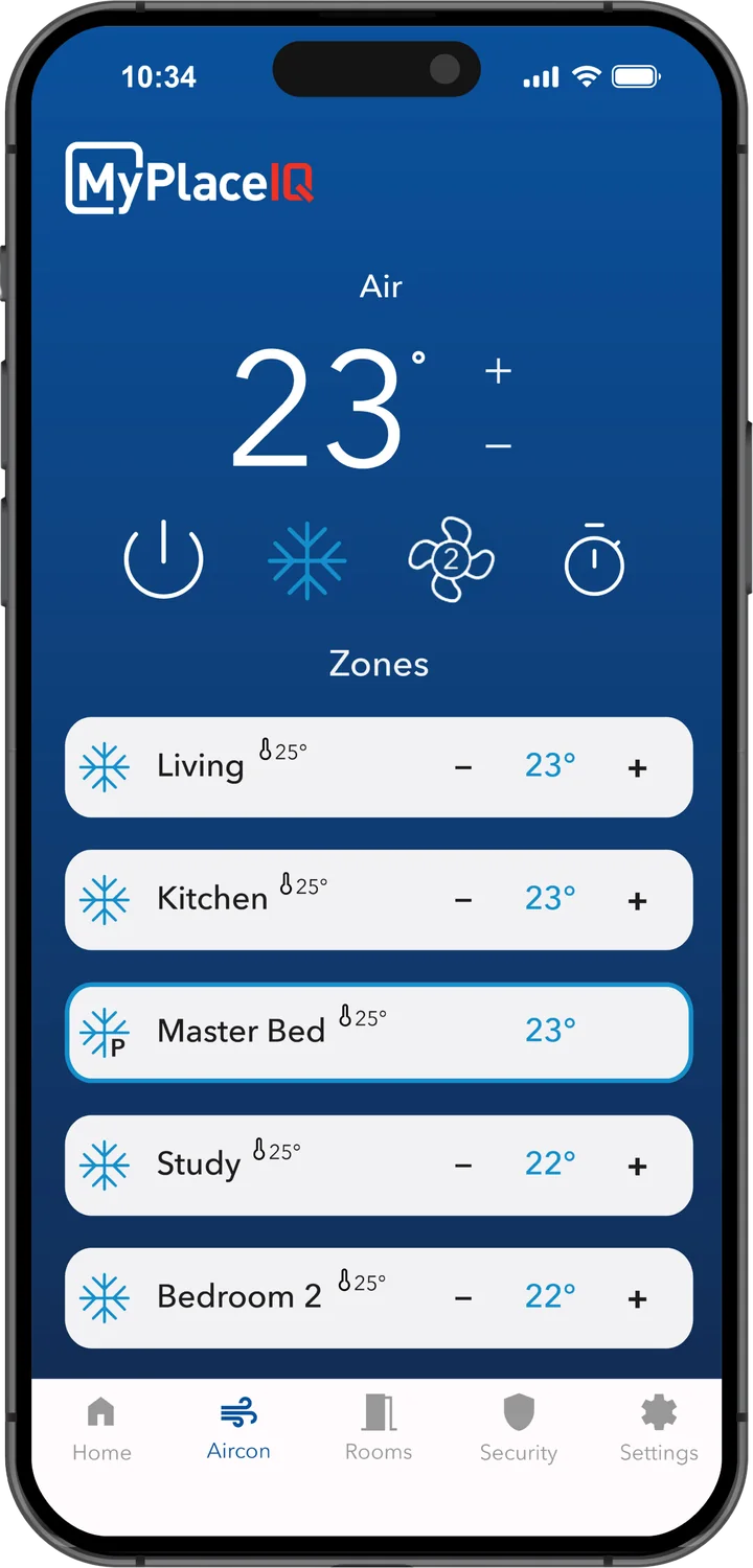 MyPlace IQ app on an iPhone showing room-by-room zone control