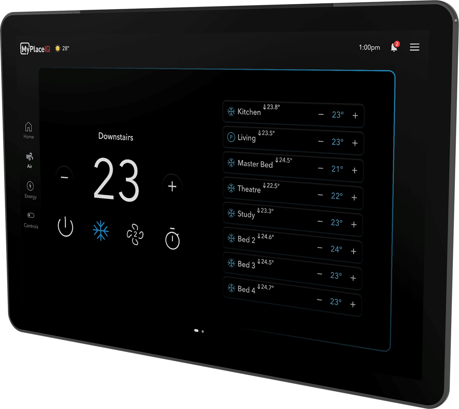 MyPlace IQ 11-inch touchscreen showing whole-home air conditioning zones