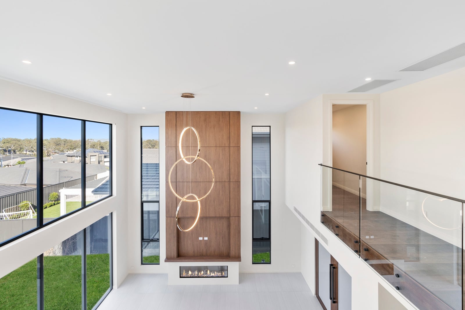 View from the mezzanine over the double-height living space