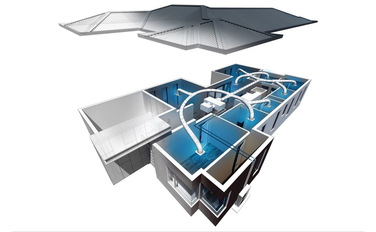 Cutaway of a home showing Rinnai ducted reverse cycle ducting running to every room