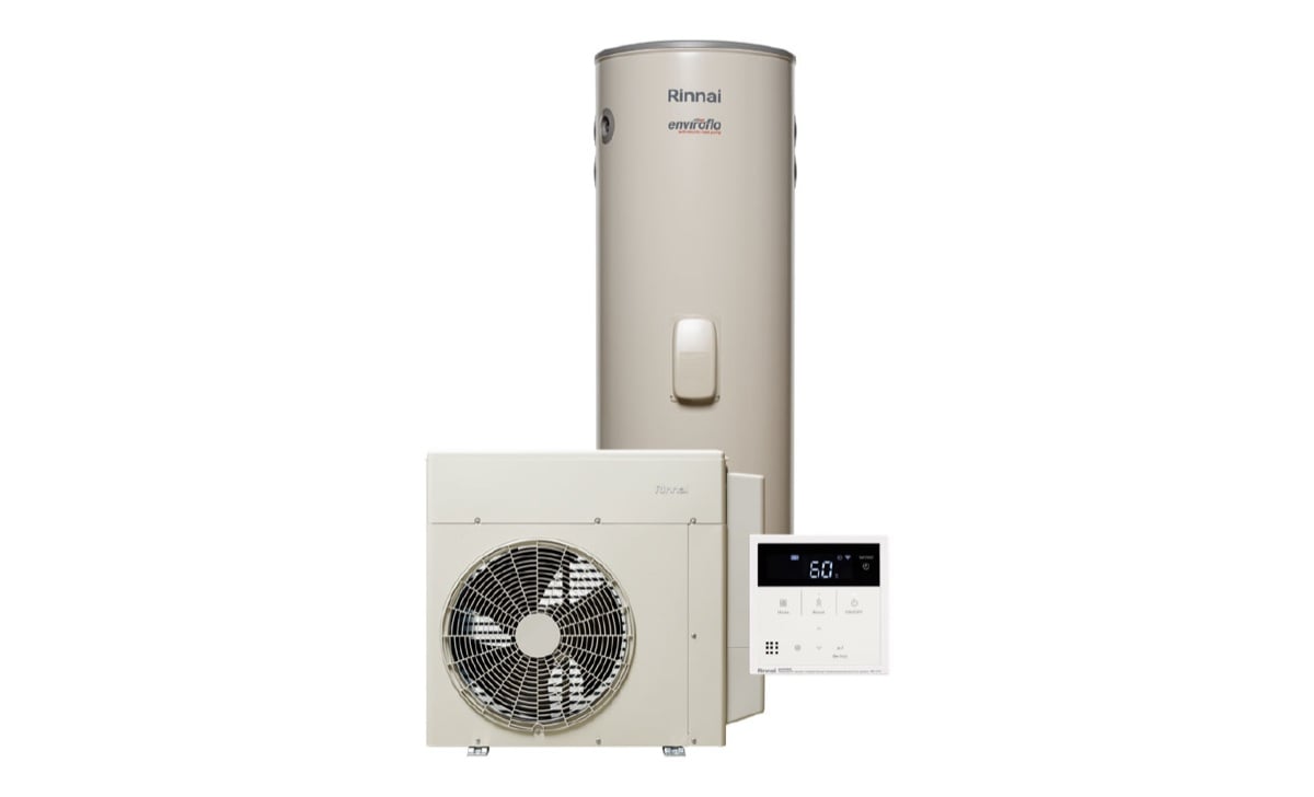 Rinnai Enviroflo S5 split heat pump hot water system with tank, outdoor unit and controller