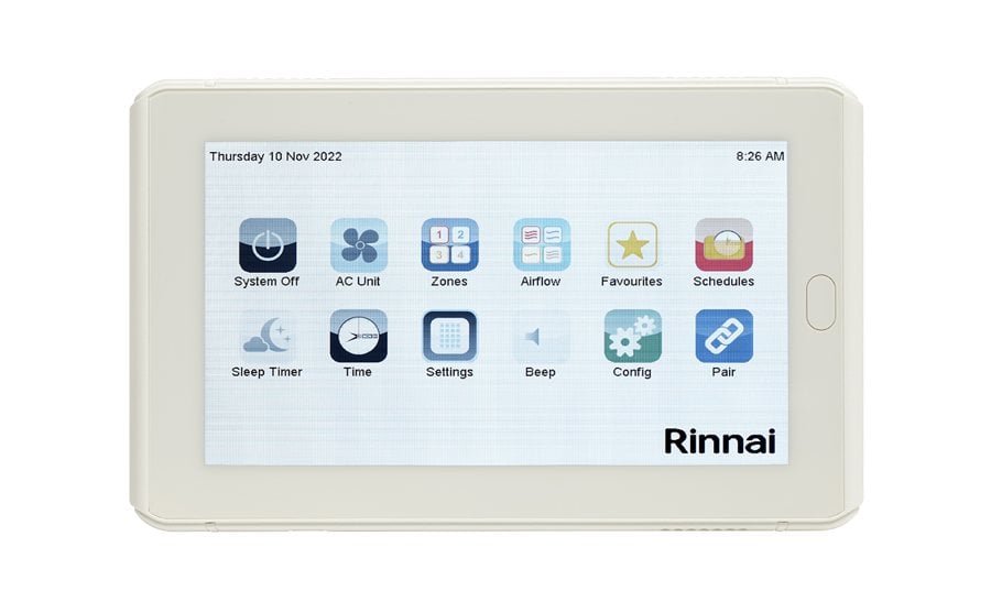 Rinnai Home touchscreen controller — zones, airflow, schedules and favourites