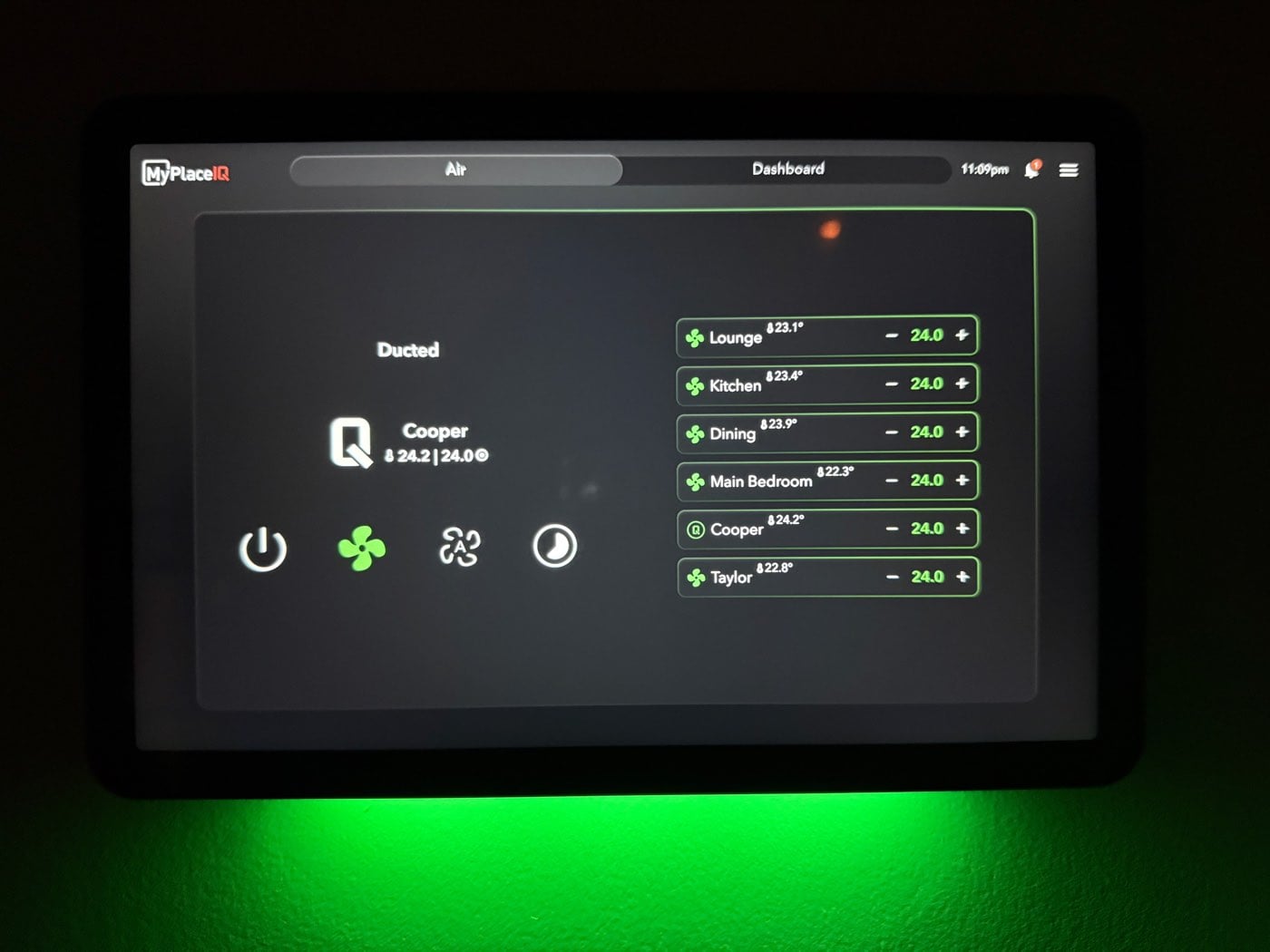 MyPlace IQ touchscreen controller showing individual room temperatures and zones